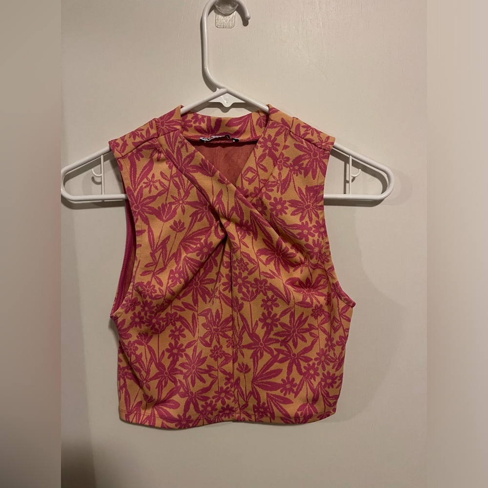 ZARA Women Sleeveless Cross Over Crop Top M Orange/Pink Hippie Boho‎